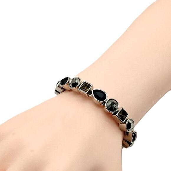 Bezel-Set Faceted Crystal Stackable Silver-tone Bangle Bracelet Magnetic Clasp - Picture 2 of 9